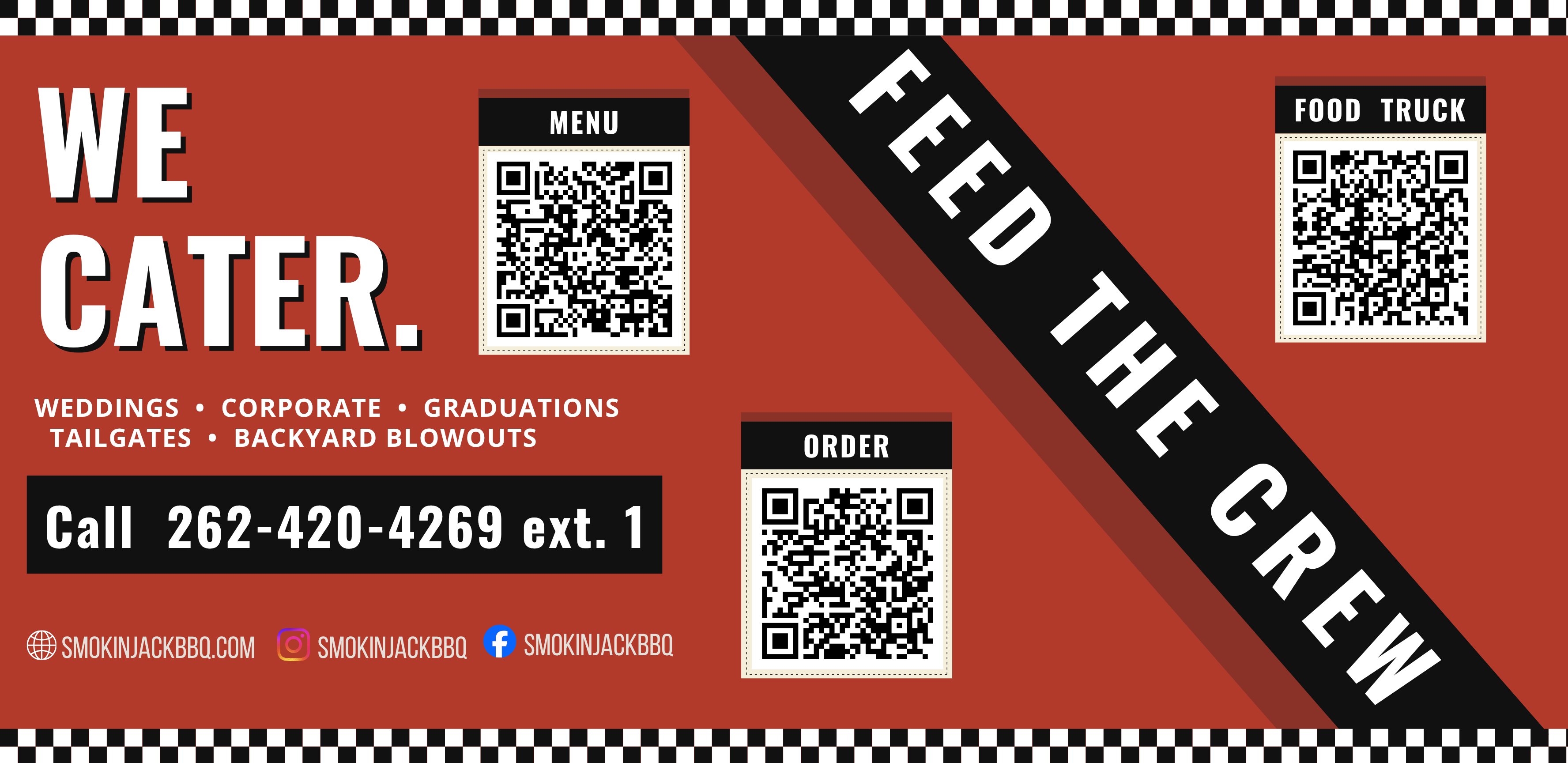 Smokin' Jack's We Cater booth graphic with QR codes