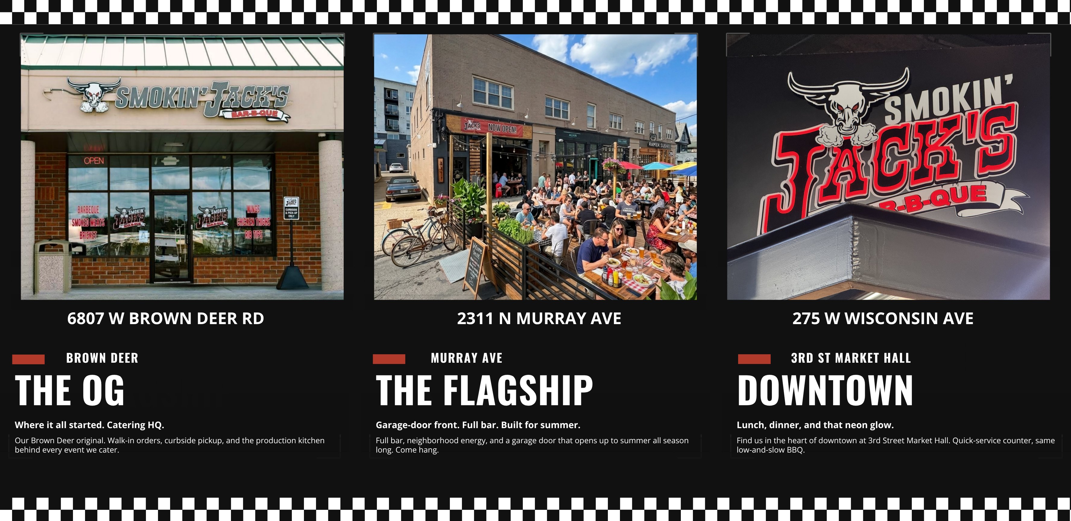 Three Smokin' Jack's locations — the OG, Flagship, and Downtown